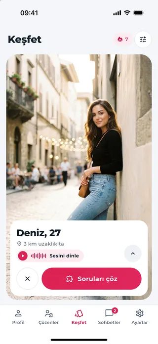 Solvemate Keşfet ekranı: Deniz, 27, 3 km uzaklıkta, Soruları çöz butonuyla.