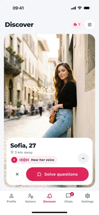 Solvemate Discover screen: Sofia, 27, 3 km away, with a Solve questions button.
