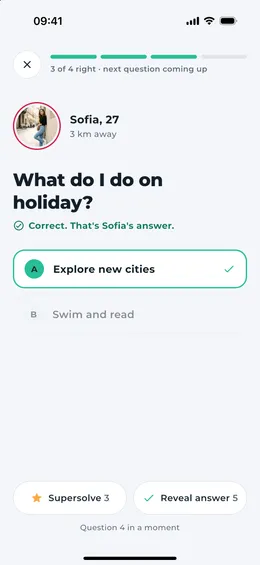 Solve screen: “What do I do on holiday?” with the correct answer, “Explore new cities”, marked.
