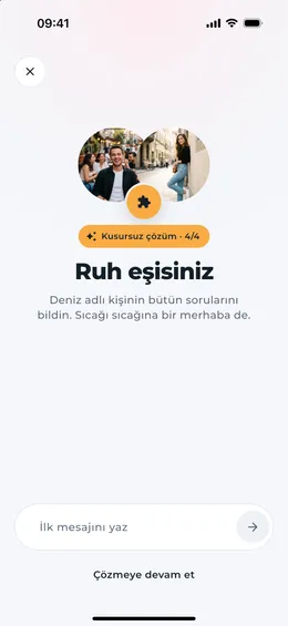 Eşleşme ekranı: “Ruh eşisiniz. Deniz adlı kişinin bütün sorularını bildin.”