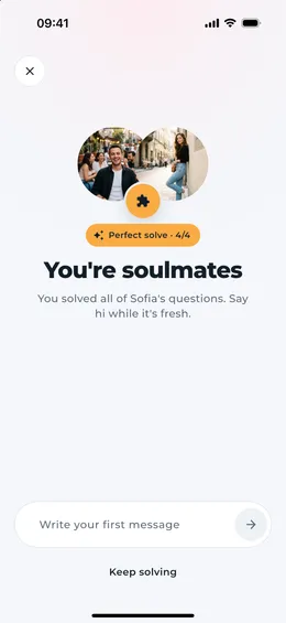 Match screen: “You’re soulmates. You solved all of Sofia’s questions.”