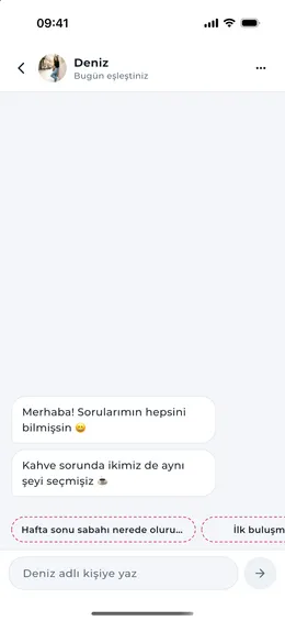 Deniz ile sohbet; mesaj alanının üstünde onun cevaplarından konu önerileri.